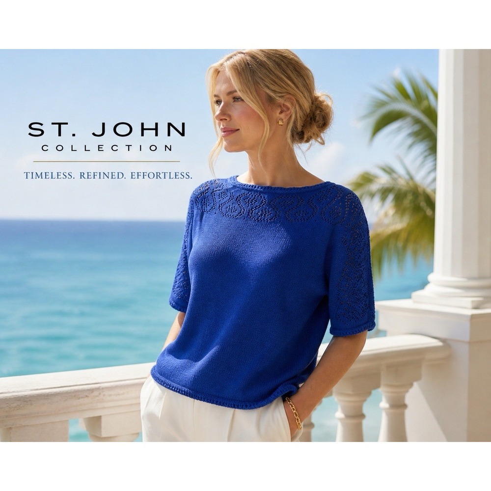 St John Collection Blue Knit Top Eyelet Sleeve Wool Blend Sweater Size M Made US